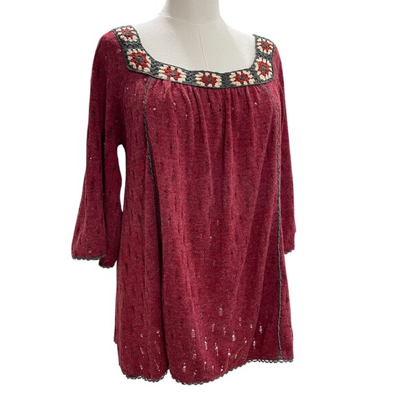 Burgundy Crochet Trim Peasant Tunic Top Maverick The Collection Oversized S - Picture 6 of 12